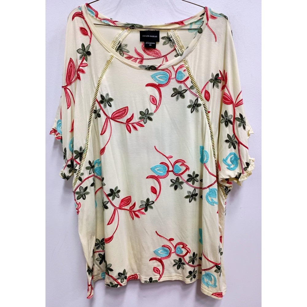 Liv Los Angeles BOHO Cottagecore Top Womens 2X Yellow Embroidered Flora